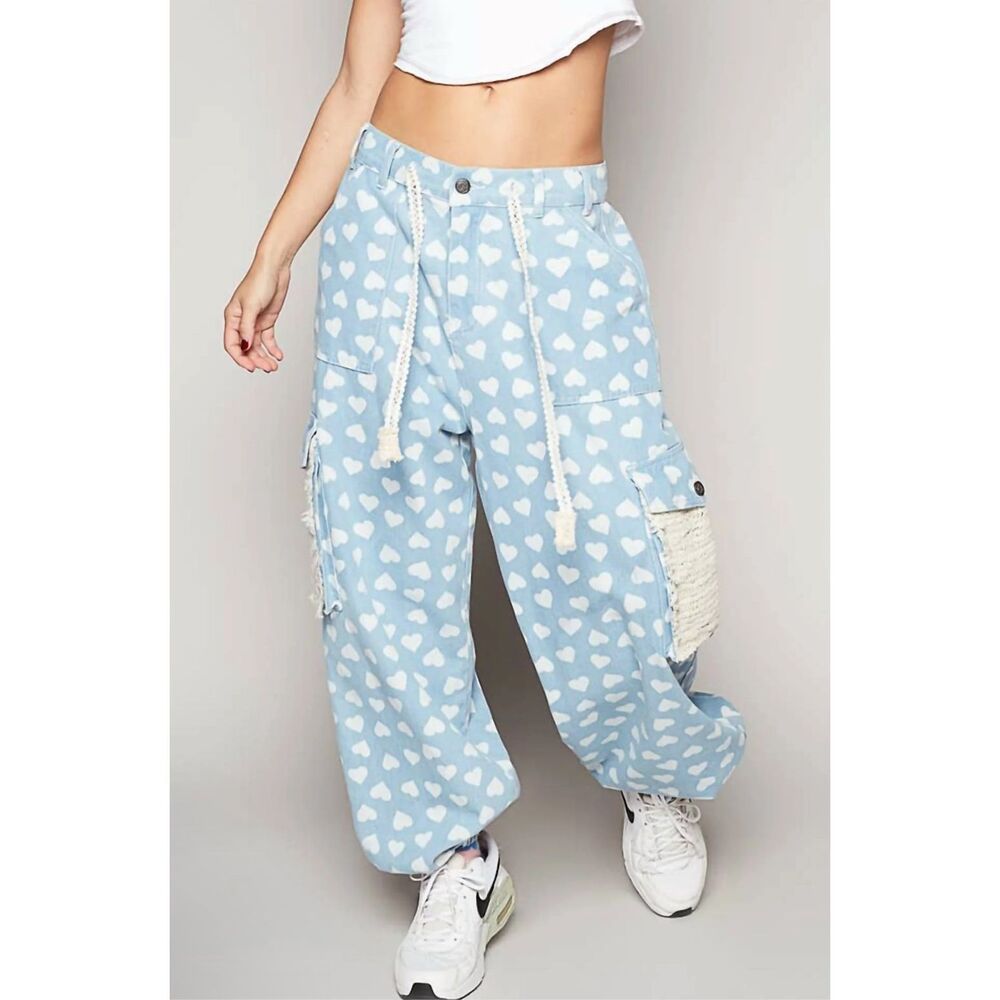POL Distressed Heart Denim Jogger Pants with Crochet Patchwork Size L